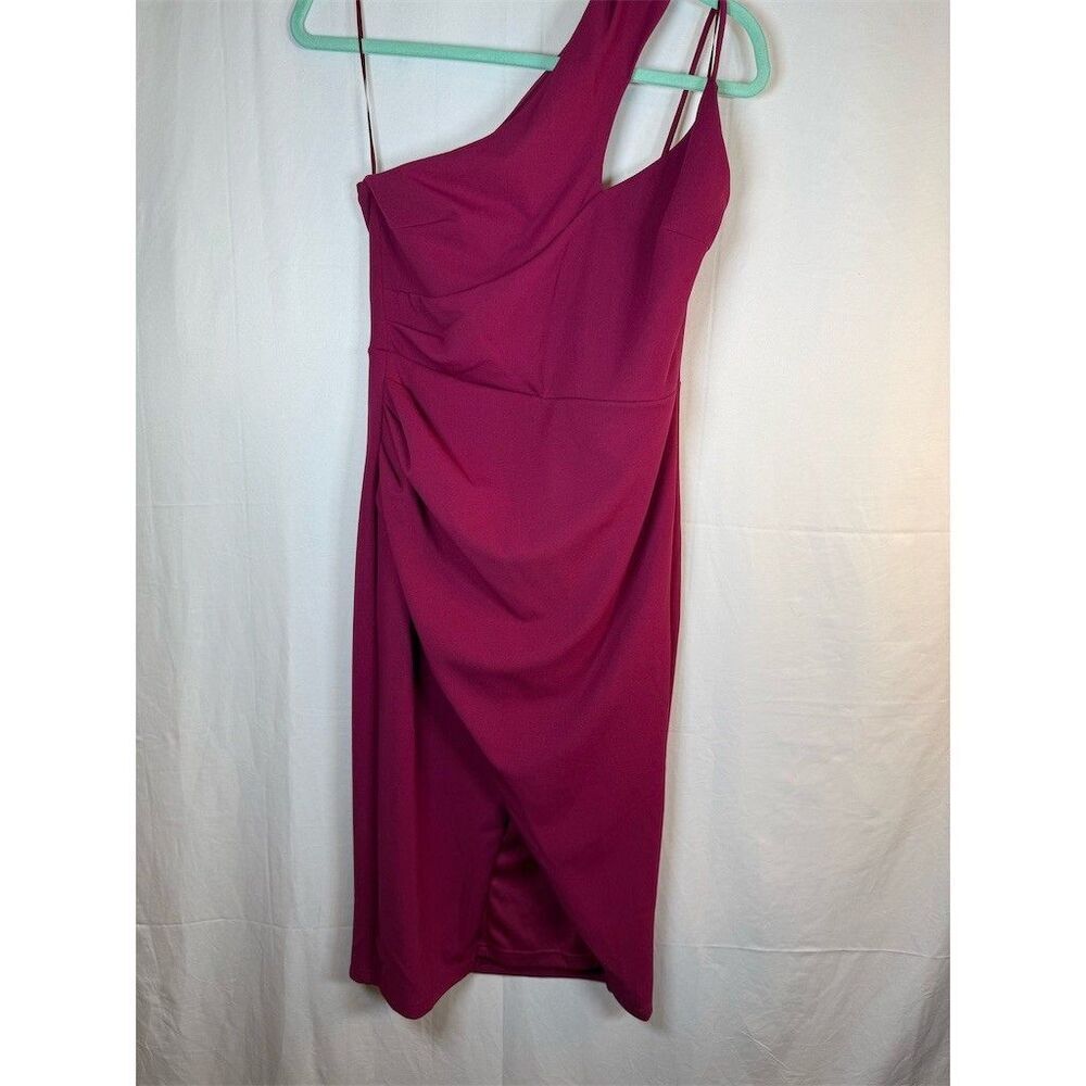Womens Lena One Shoulder Bodycon Midi Dress Pink Ruched Wrap Front Slit Size M - Picture 3 of 10